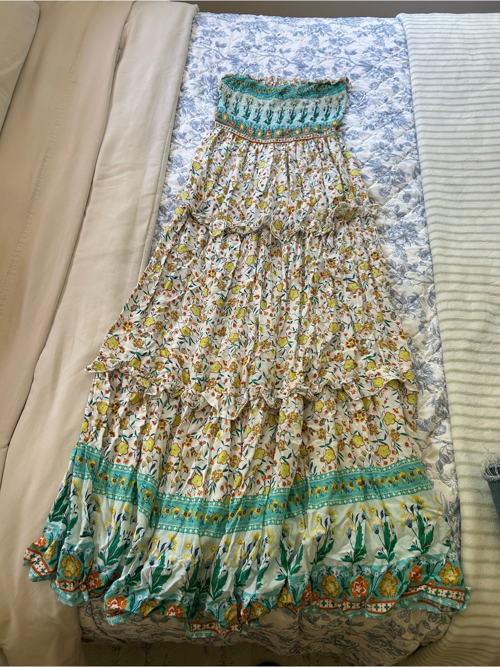 Strapless Bohemian Floral Maxi Dress in Teal & Yellow